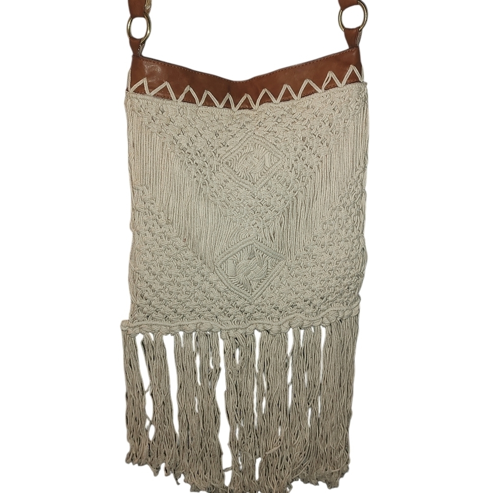 Cream and Brown Macramé Crossbody Bag - Picture 3 of 9
